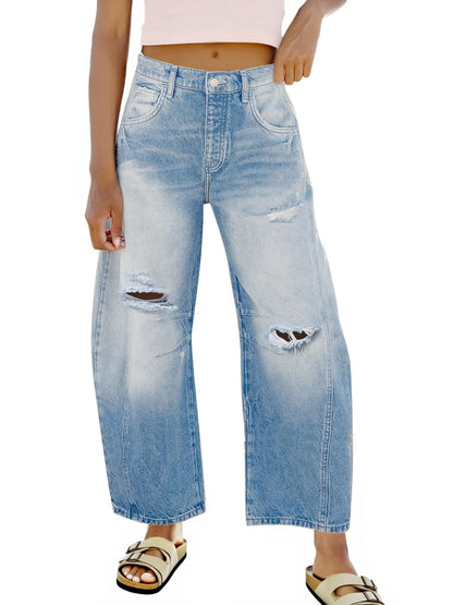 Women's Ripped Barrel Jeans Boyfriend Mid Rise Wide Leg Denim Pants