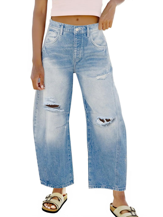 Women's Ripped Barrel Jeans Boyfriend Mid Rise Wide Leg Denim Pants