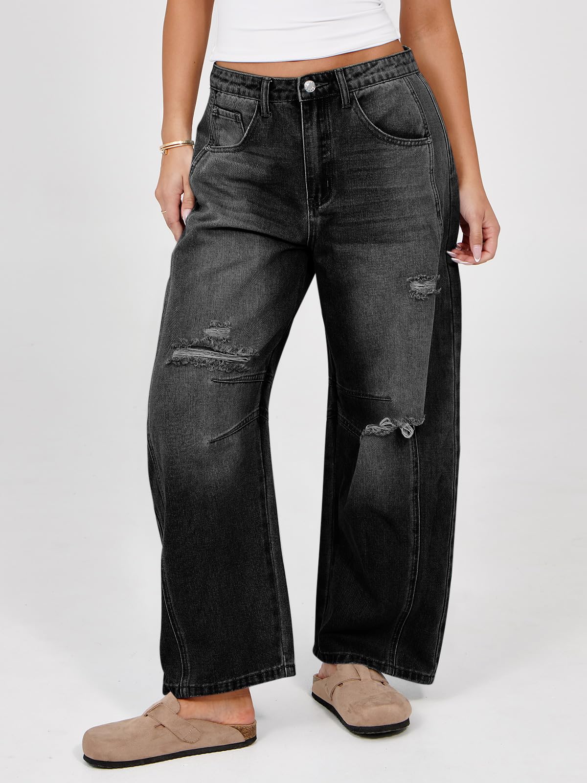 Women's Ripped Barrel Jeans Boyfriend Mid Rise Wide Leg Denim Pants