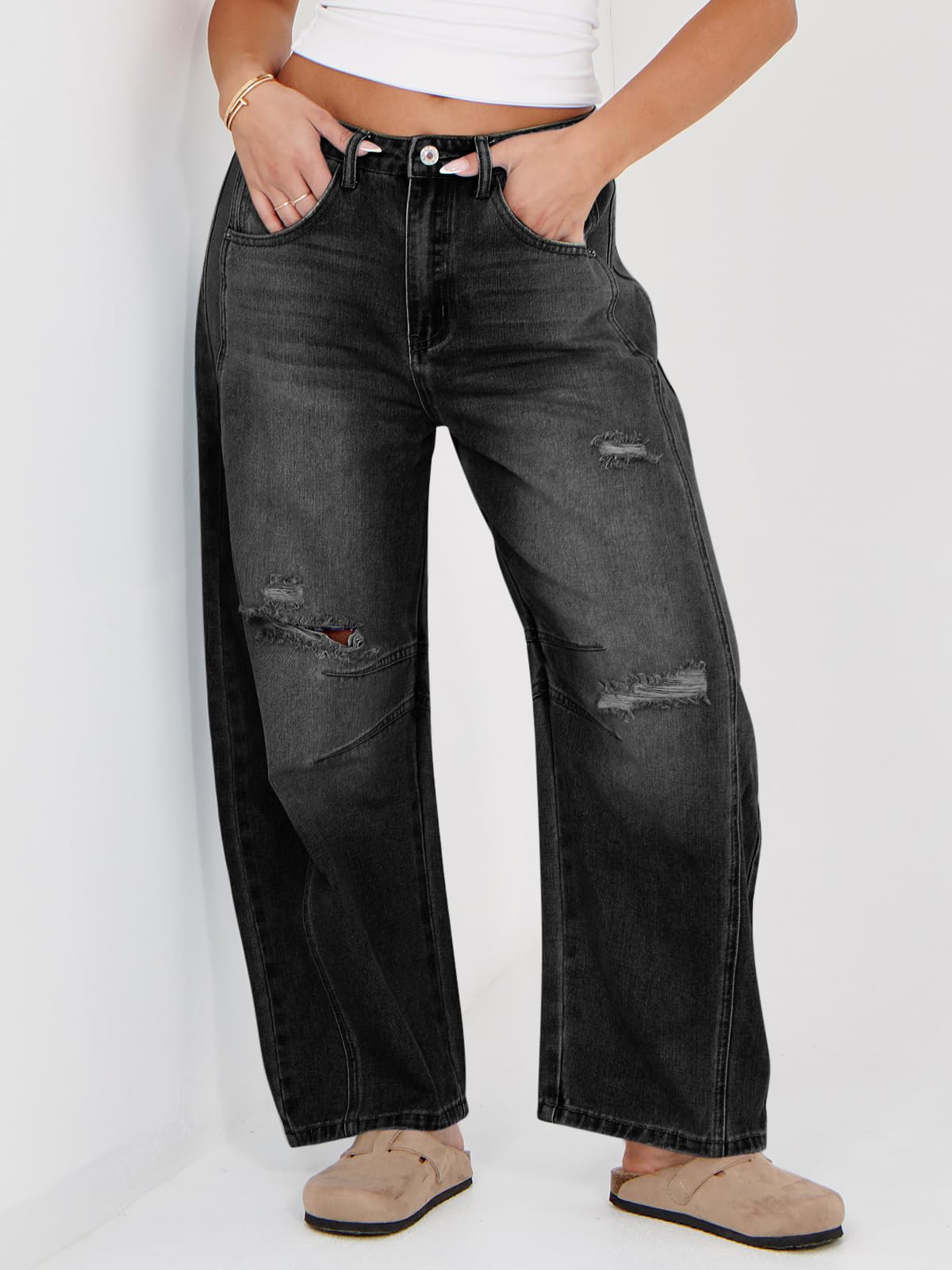 Women's Ripped Barrel Jeans Boyfriend Mid Rise Wide Leg Denim Pants