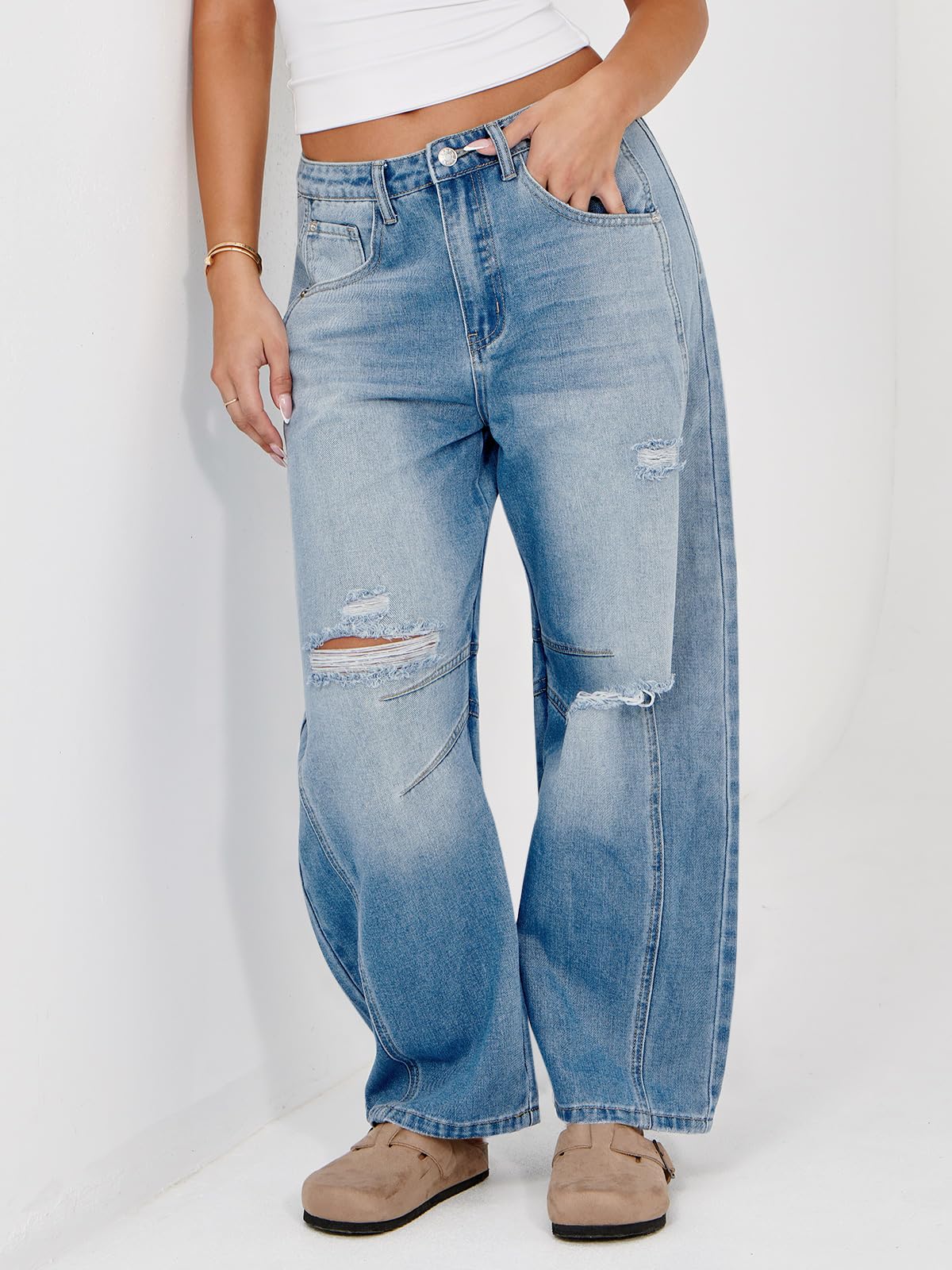 Women's Ripped Barrel Jeans Boyfriend Mid Rise Wide Leg Denim Pants