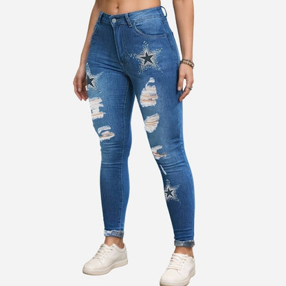 Women's ripped skinny jeans star print denim pants, side view
