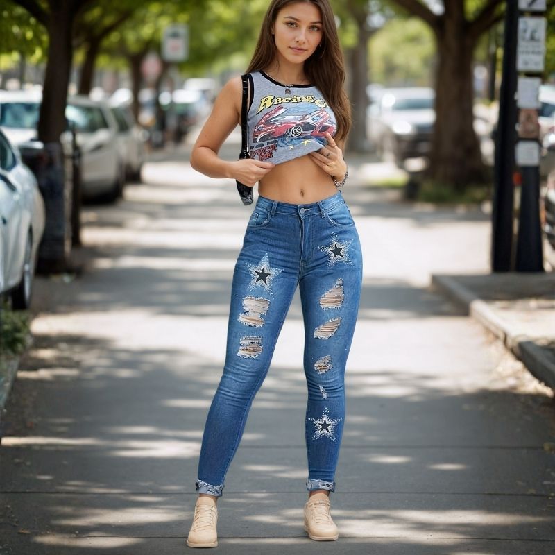 Women's ripped skinny jeans star print denim pants in blue, front view