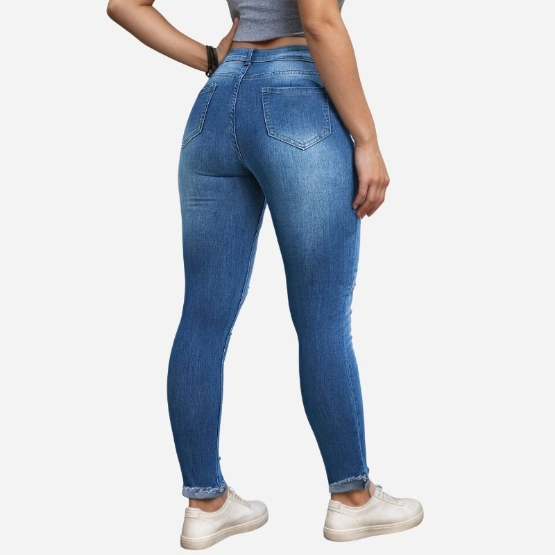 Women's ripped skinny jeans star print denim pants, back view