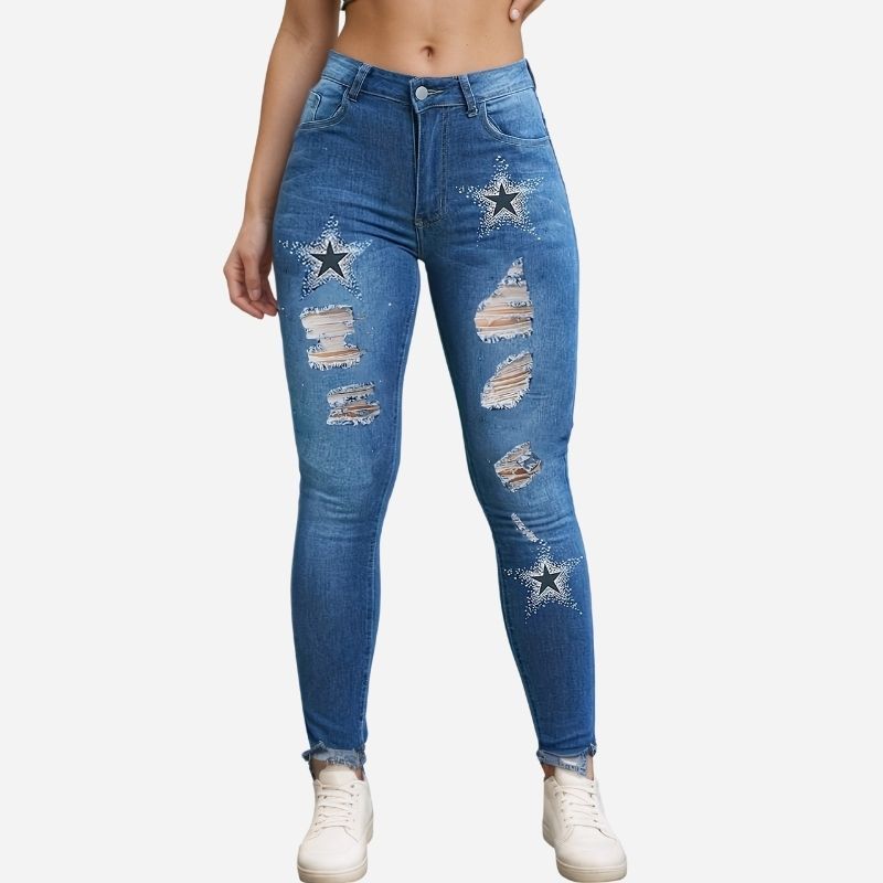 Women's ripped skinny jeans star print denim pants