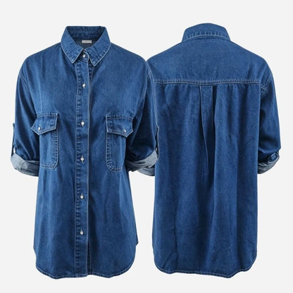 women's long sleeve denim button down shirt in dark blue, front and back views