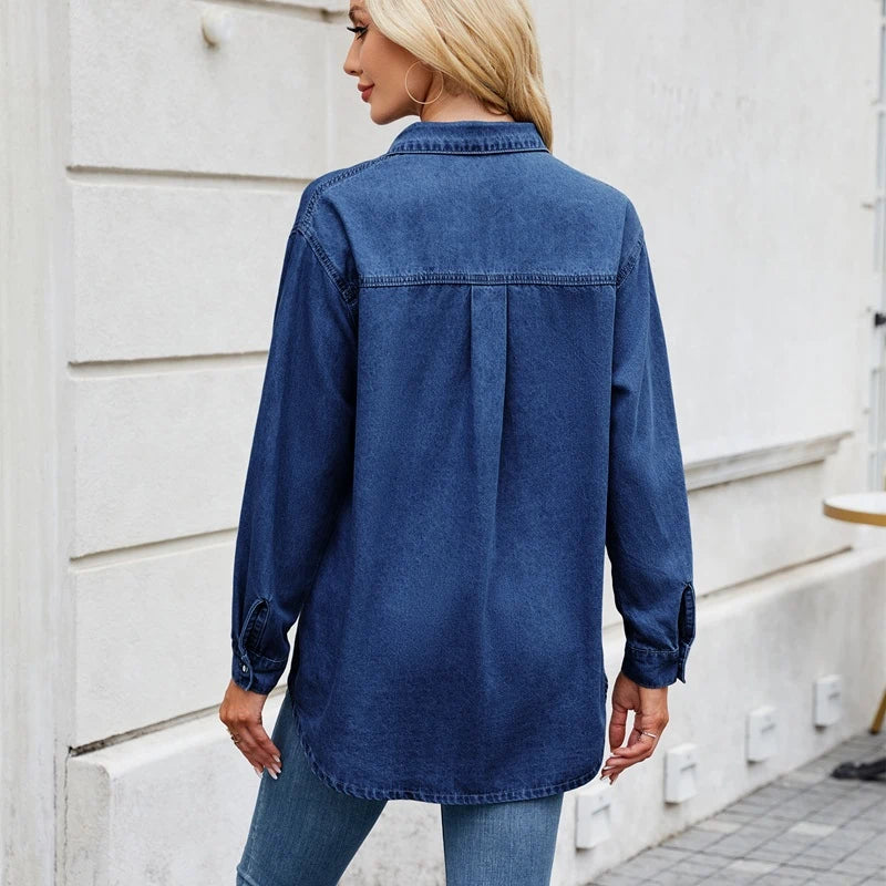 women's long sleeve denim button down shirt in dark blue, back view