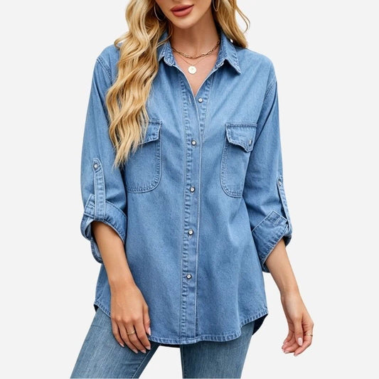 women's long sleeve denim button down shirt