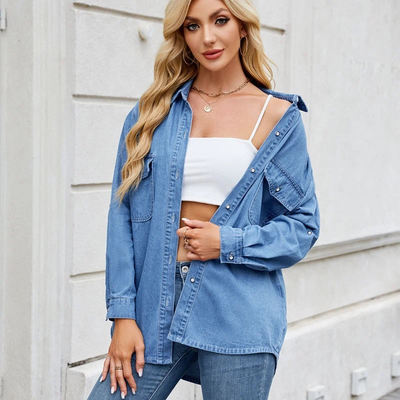 women's long sleeve denim button down shirt in blue, front view