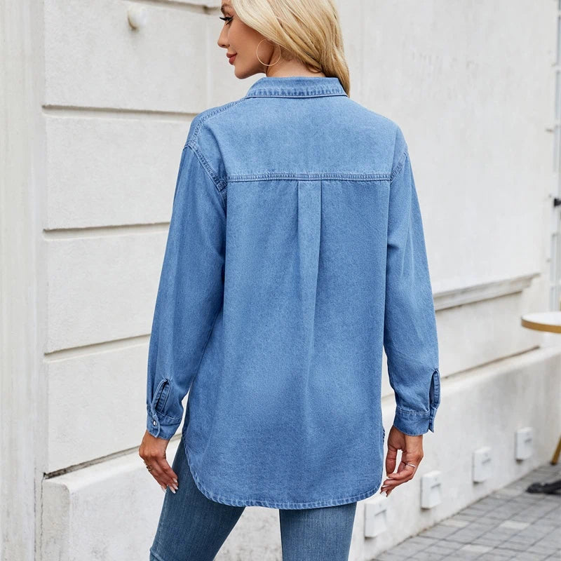 women's long sleeve denim button down shirt, back view