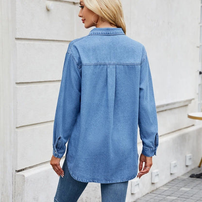 women's long sleeve denim button down shirt, back view