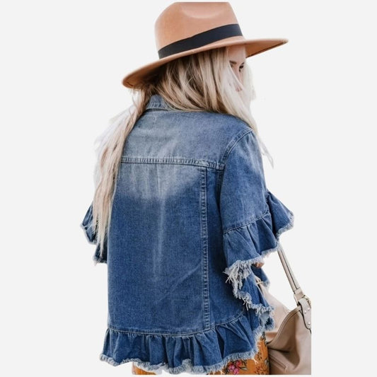 Women's ruffle sleeve denim jacket short sleeve frayed hem jean coat, back view