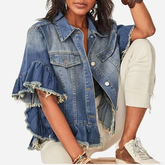 Women's ruffle sleeve denim jacket short sleeve frayed hem jean coat
