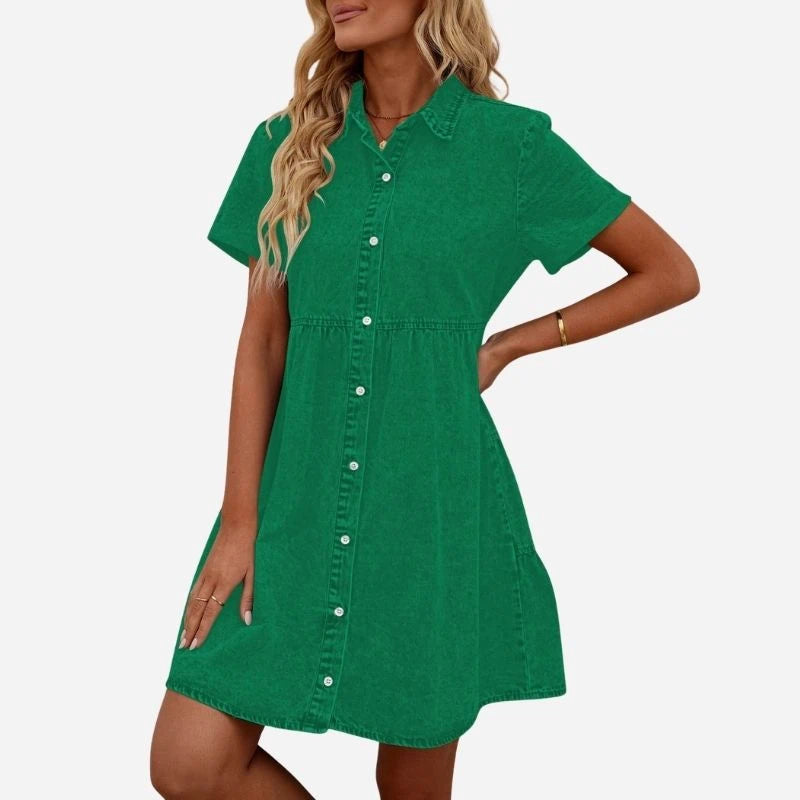 women's short sleeve tiered denim dress in green, front view
