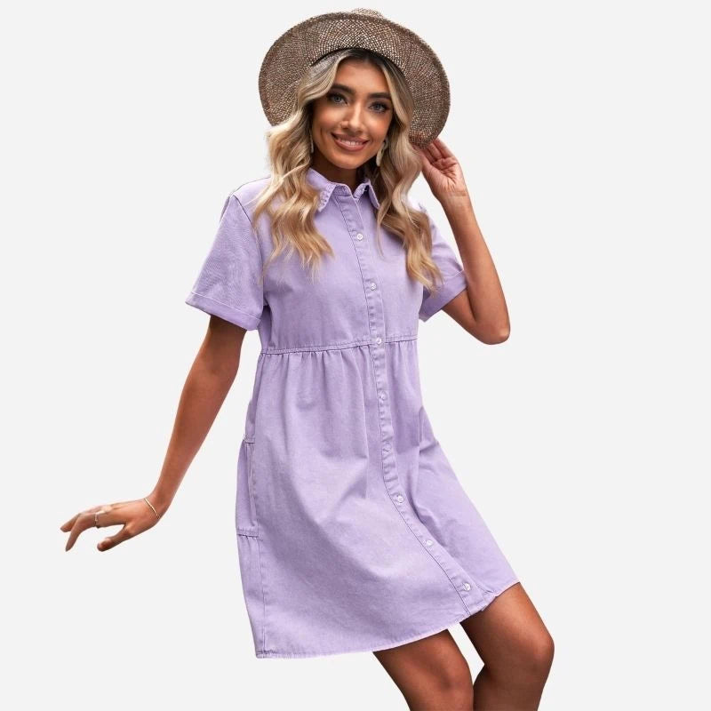women's short sleeve tiered denim dress in purple, front view