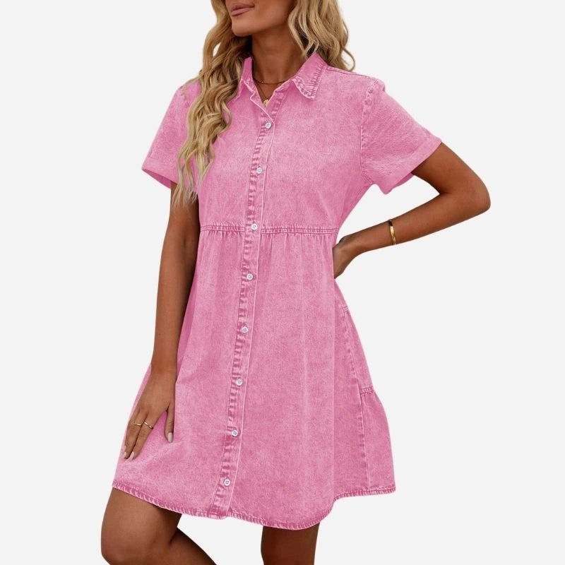 women's short sleeve tiered denim dress in pink, front view