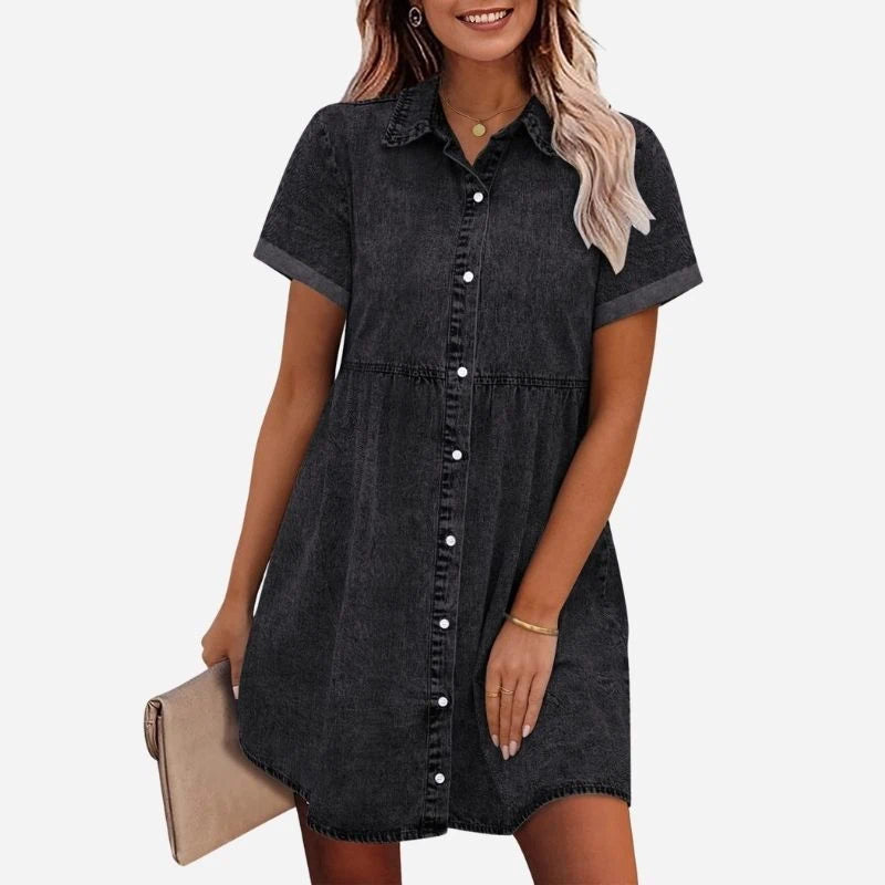 women's short sleeve tiered denim dress in black, front view