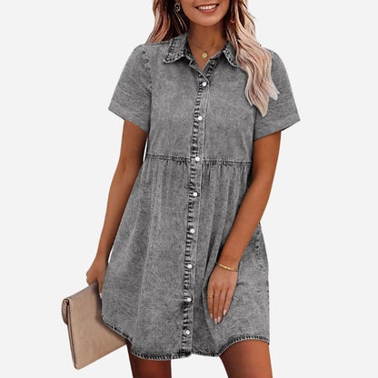 women's short sleeve tiered babydoll denim dress mini dress in gray