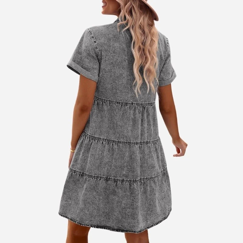 women's short sleeve tiered denim dress in gray, back view