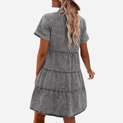 women's short sleeve tiered denim dress in gray, back view