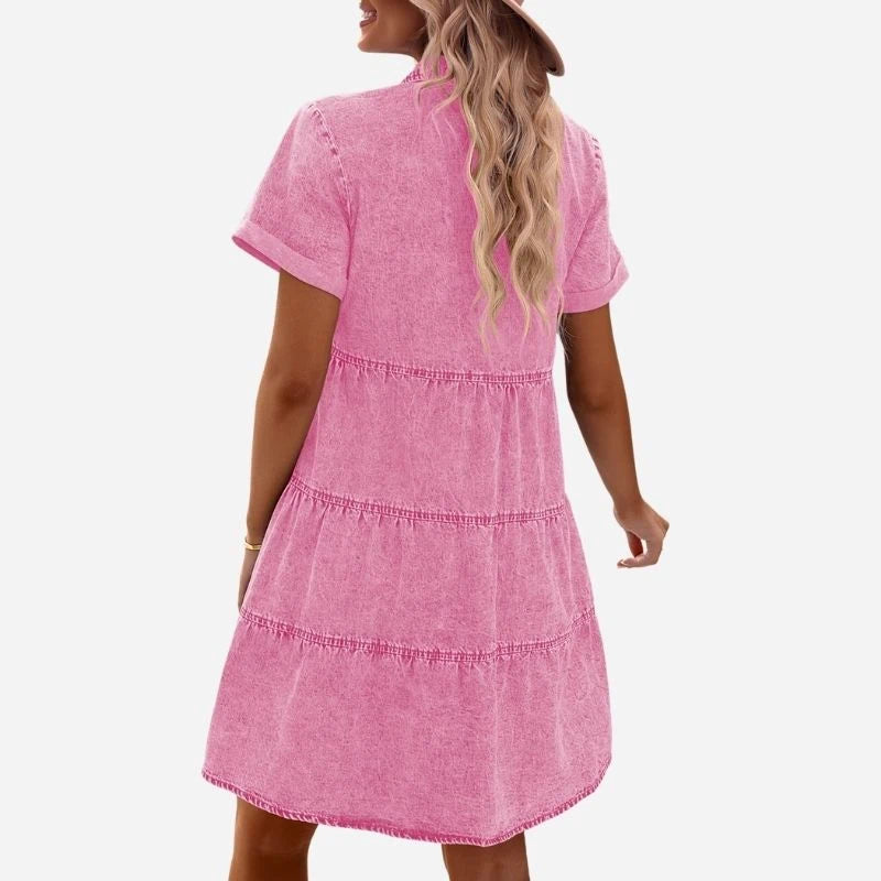women's short sleeve tiered denim dress in pink, back view