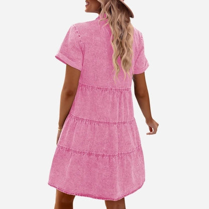 women's short sleeve tiered denim dress in pink, back view
