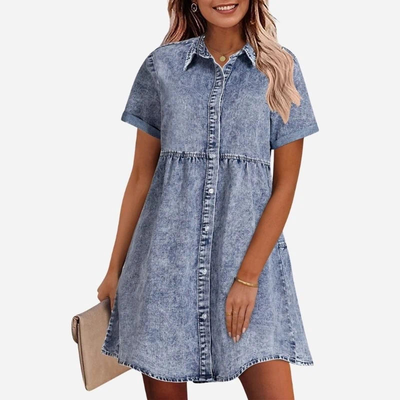 women's short sleeve tiered denim dress in blue, front view