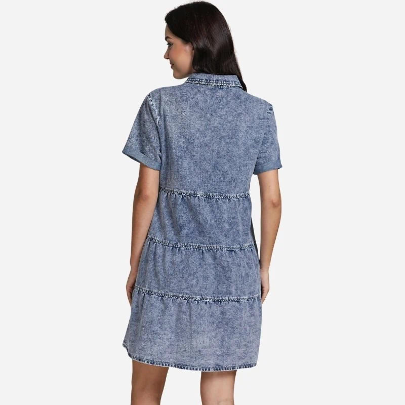 women's short sleeve tiered denim dress in blue, back view