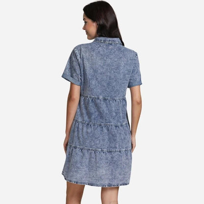 women's short sleeve tiered denim dress in blue, back view