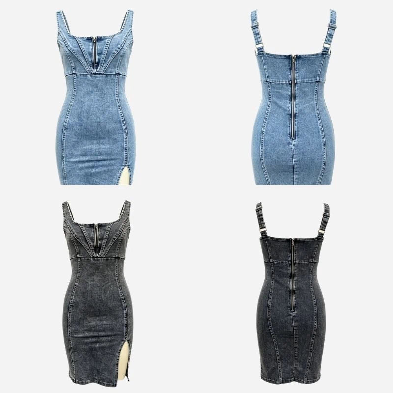 women's sleeveless bodycon denim midi dress, front and back views