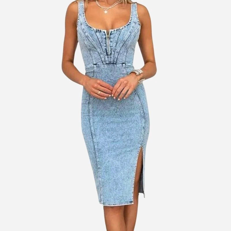 women's sleeveless bodycon denim midi dress in light blue, front view