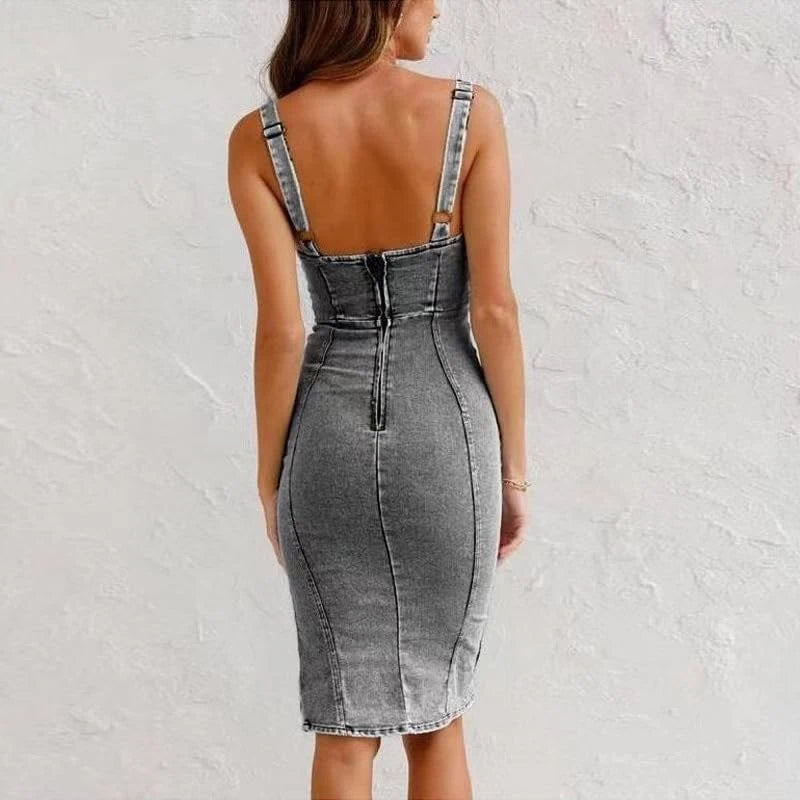 women's sleeveless bodycon denim midi dress in gray, back view