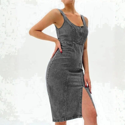 women's sleeveless bodycon denim midi dress in gray, side view