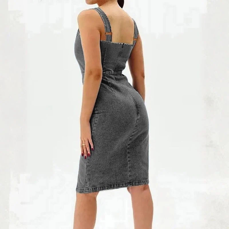 women's sleeveless bodycon denim midi dress in gray, back view