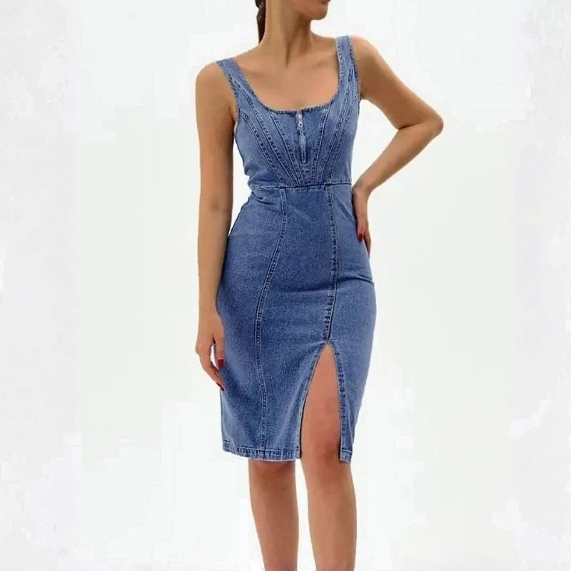 women's sleeveless bodycon denim midi dress in dark blue, front view