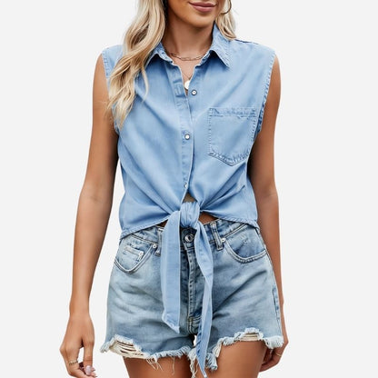 Women's sleeveless cropped denim shirt with tie front jean top