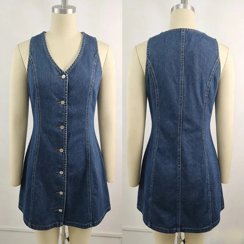 women's sleeveless denim mini dress v neck jean dress in dark blue, front and back views