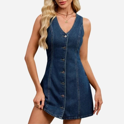 women's sleeveless denim mini dress button front v neck jean dress
