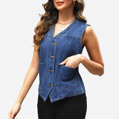 women's sleeveless denim vest top jean jacket in dark blue