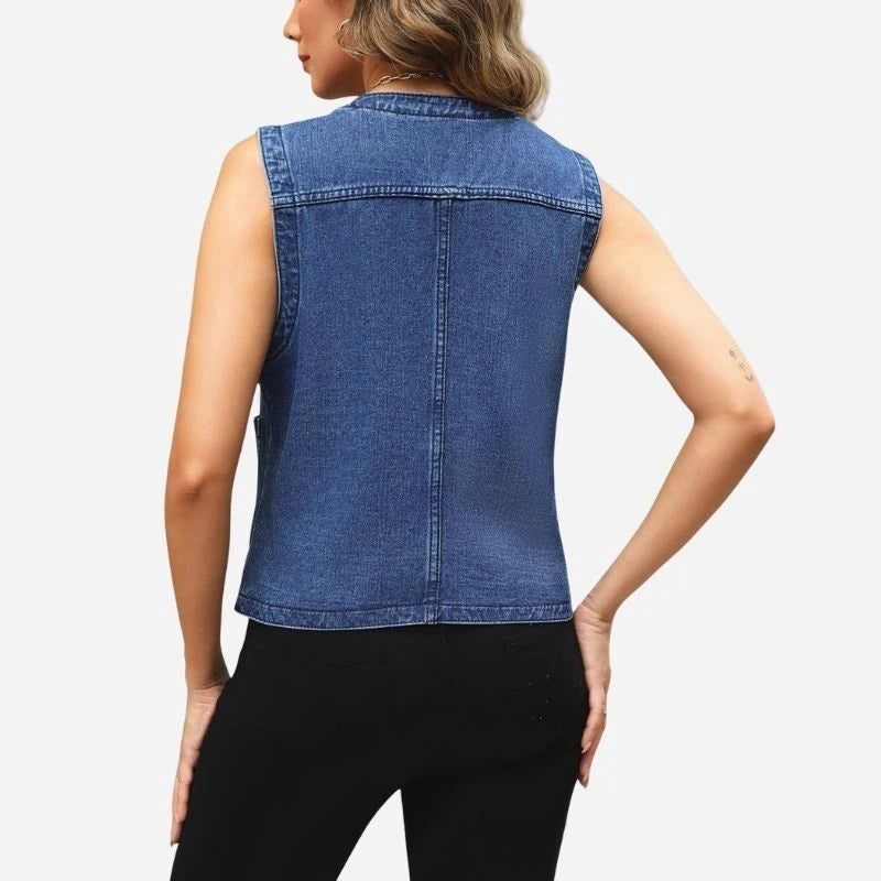 women's sleeveless denim vest top jean jacket in dark blue, back view