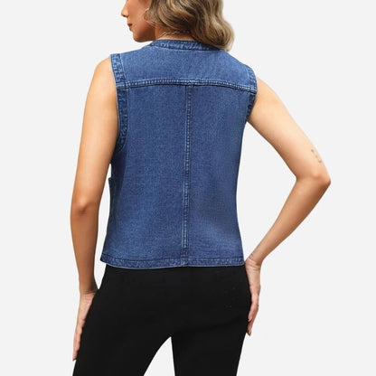 women's sleeveless denim vest top jean jacket in dark blue, back view