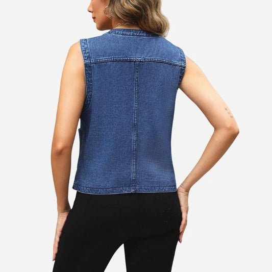 women's sleeveless denim vest top jean jacket in dark blue, back view