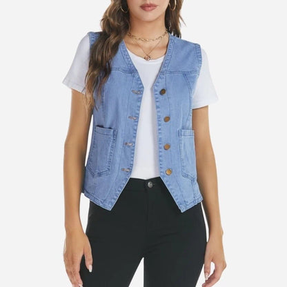 women's sleeveless denim vest top jean jacket in light blue, front view
