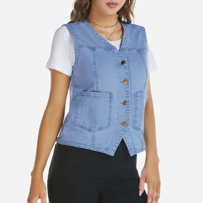 women's sleeveless denim vest top jean jacket in light blue, side view