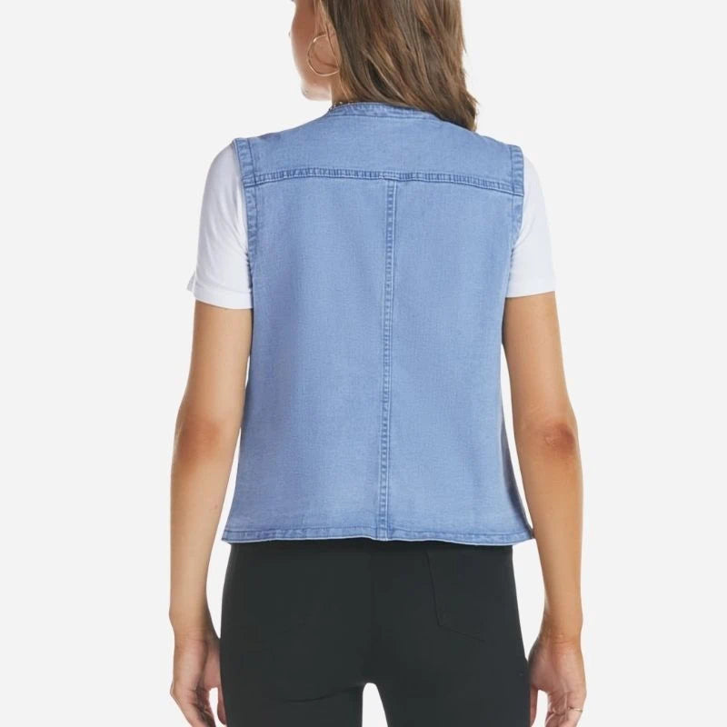 women's sleeveless denim vest top jean jacket in light blue, back view