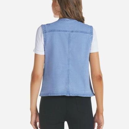 women's sleeveless denim vest top jean jacket in light blue, back view