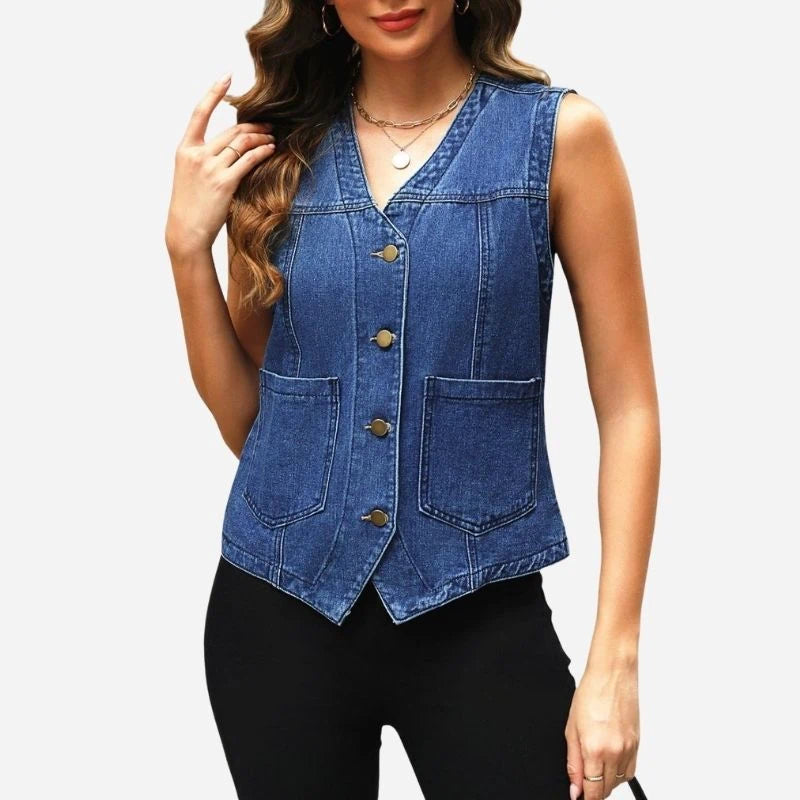 women's sleeveless denim vest top jean jacket in dark blue, front view