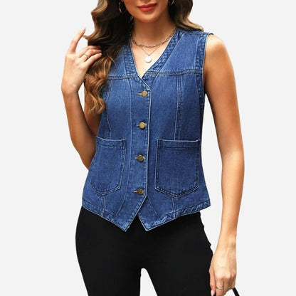 women's sleeveless denim vest top jean jacket in dark blue, front view