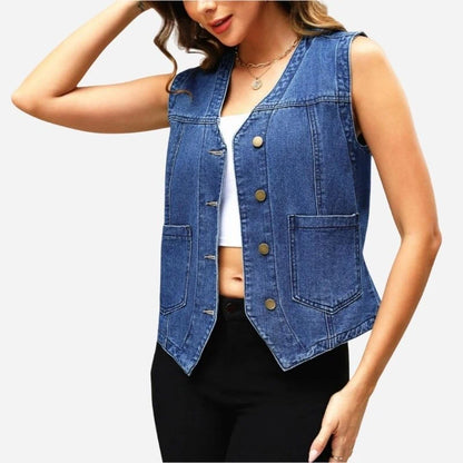 women's sleeveless denim vest top jean jacket in dark blue, side view