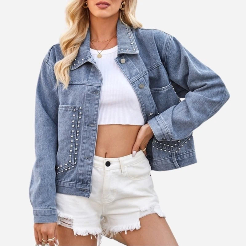 women's studded denim jacket oversized casual jean coat